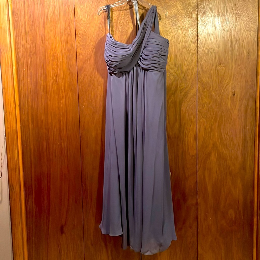 Bill Levkoff Grey Gown, with attached sash by shoulder.